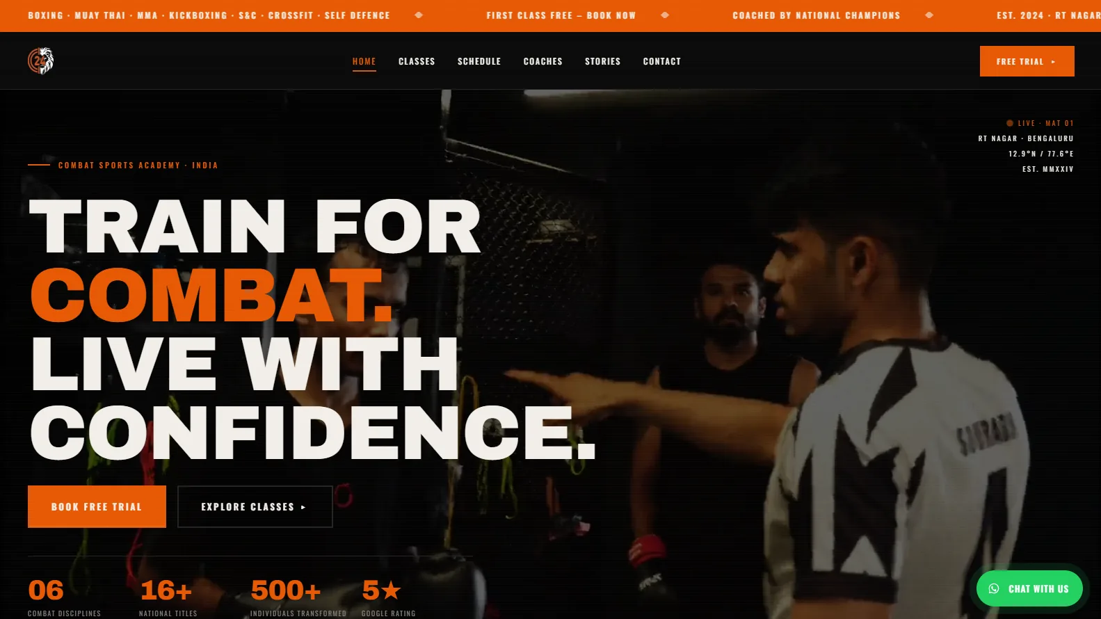 Combat 24 home page — “Train for combat. Live with confidence.” over a photo of fighters on the mat