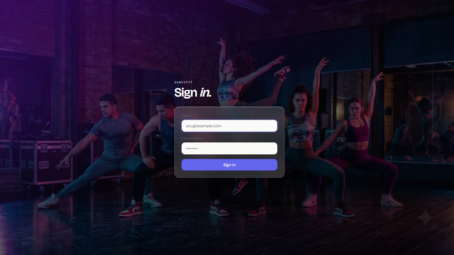 DanceFit sign-in screen over a photo of dancers in a studio