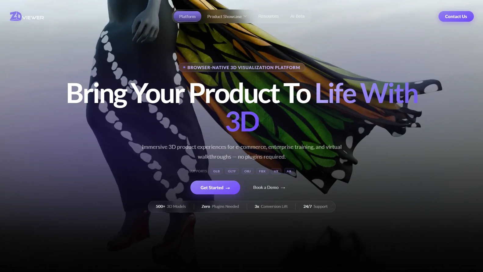 ZDViewer home page — “Bring your product to life with 3D” over a 3D-rendered dress