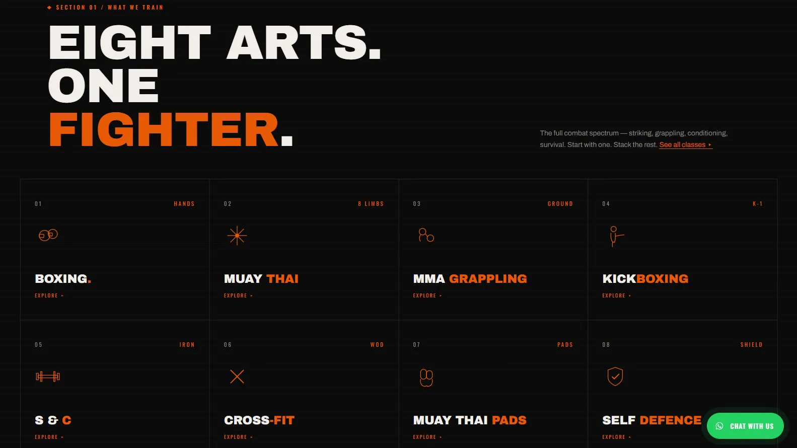 Combat 24 classes section listing the eight disciplines
